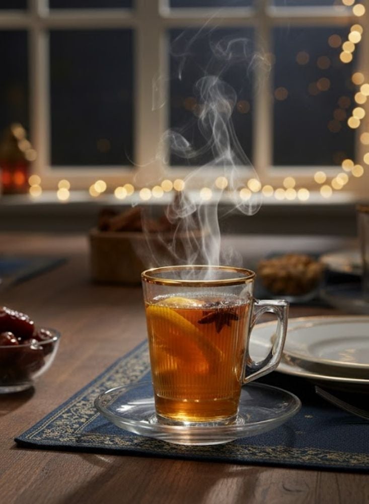 Premium Ribbed Glass Tea Cup with Saucer Set – 6 Pcs Cups + 6 Pcs Saucers Gold Rim Elegant Tea Set - Image 2